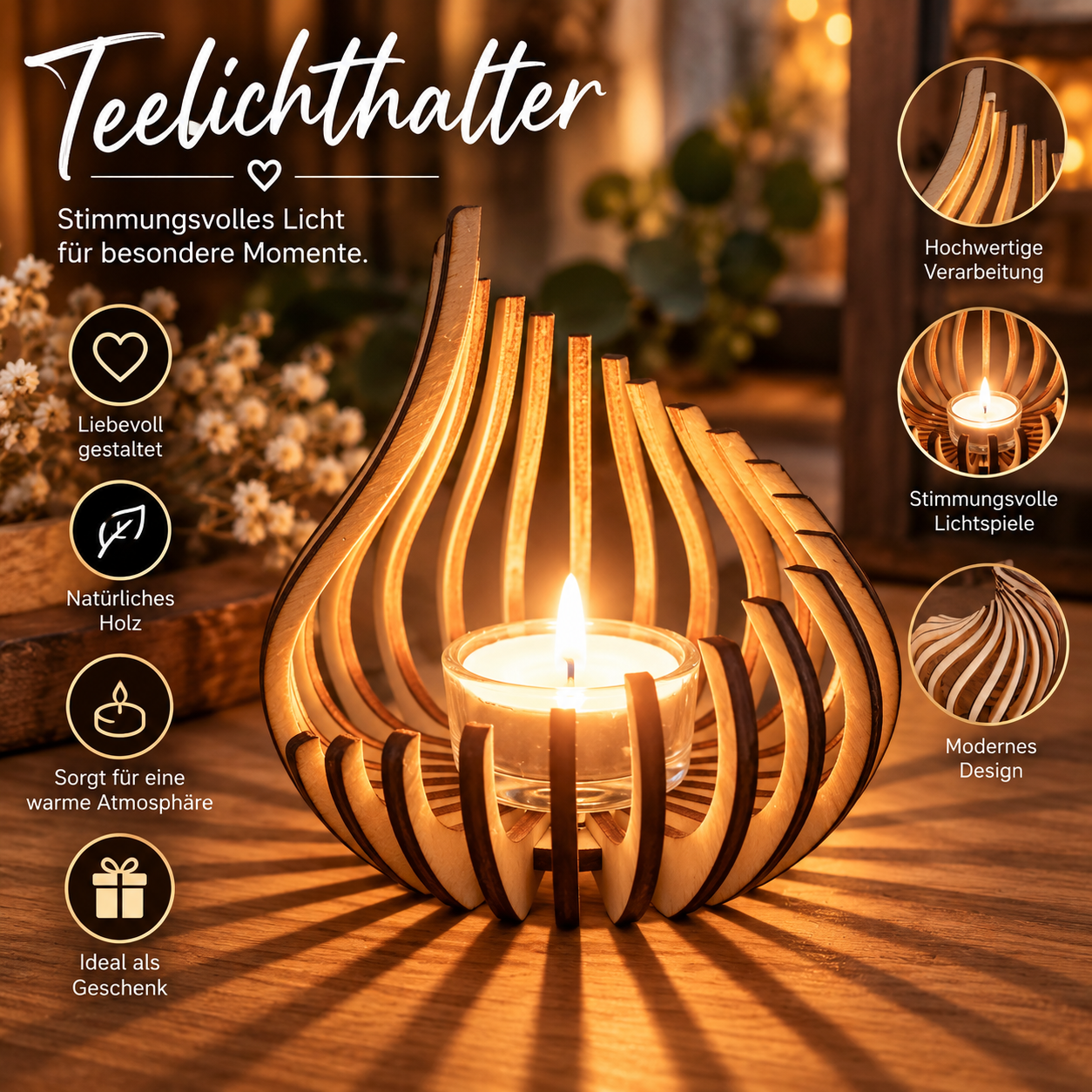 Holz-Windlicht / Teelichthalter