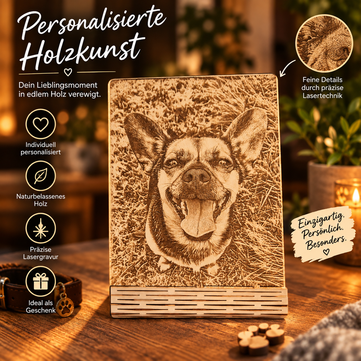 Personalisierte Fotogravur auf Holz mit Aufsteller