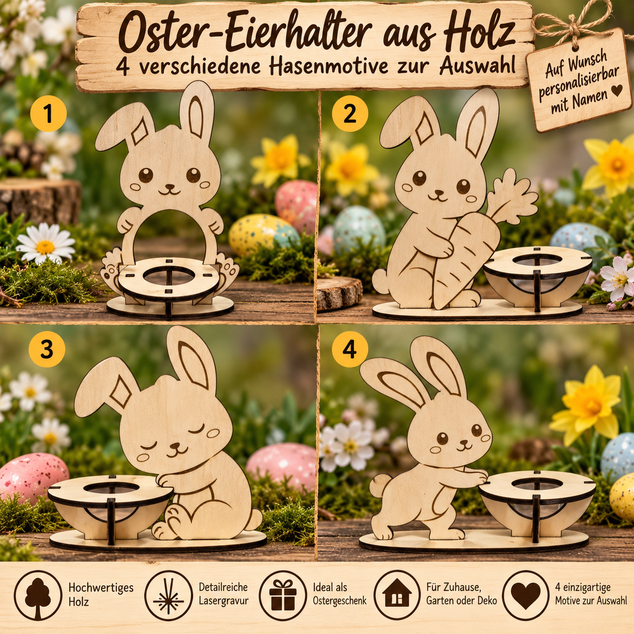 Osterdekoration aus Holz – verschiedene Hasenmotive