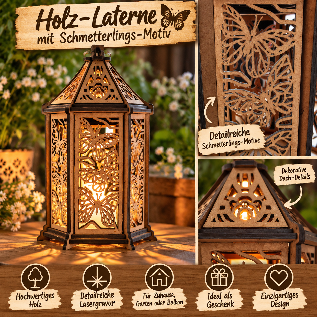 Holzlaterne mit Schmetterlingsmotiv