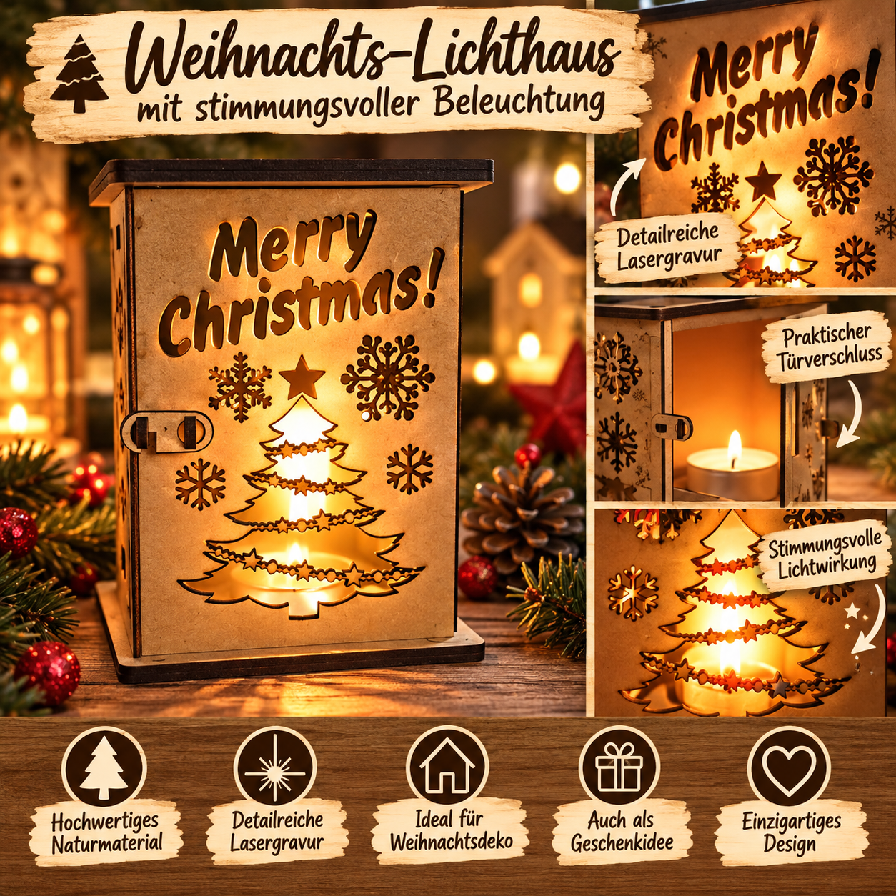 Merry Christmas Laterne aus Holz