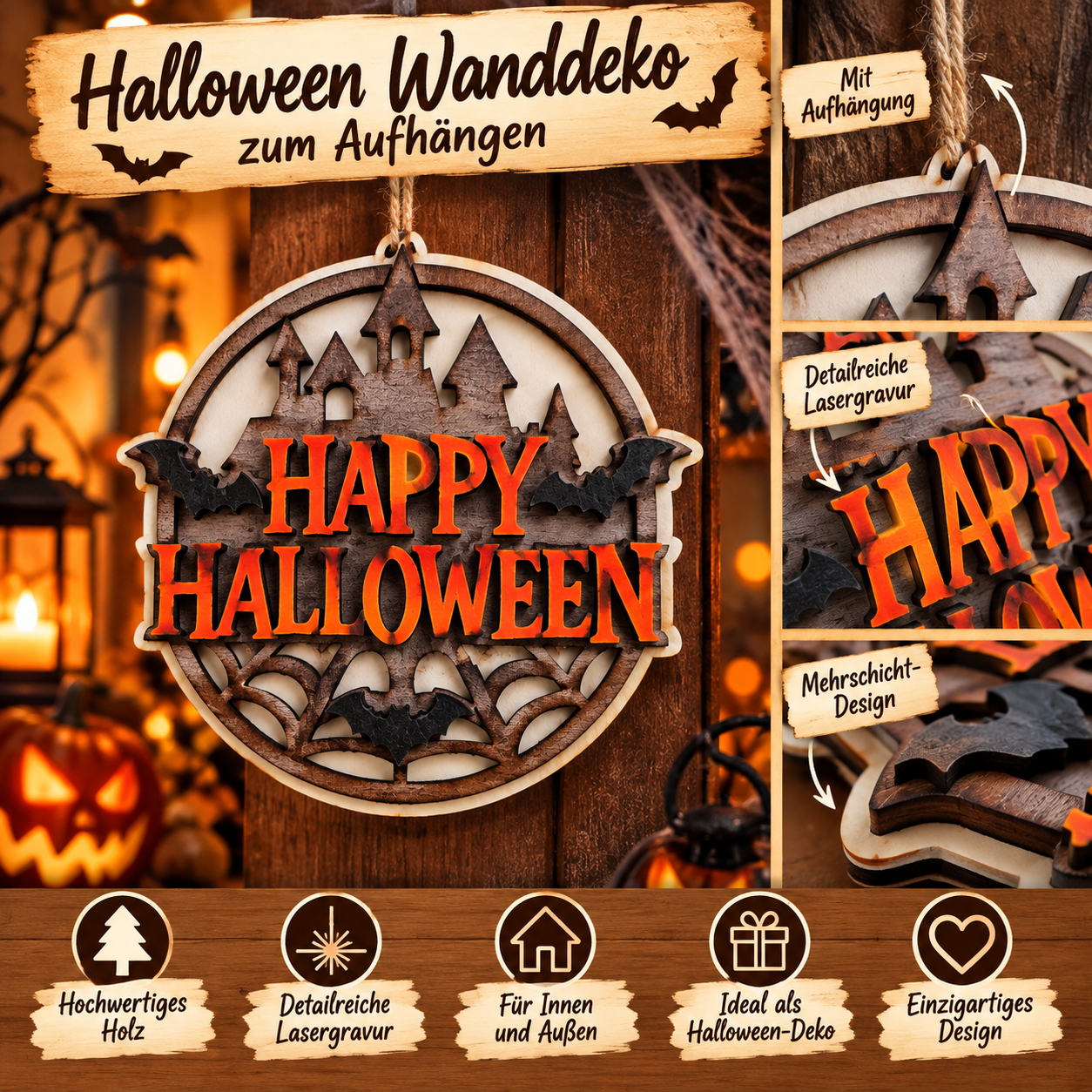 Happy Halloween Schild aus Holz