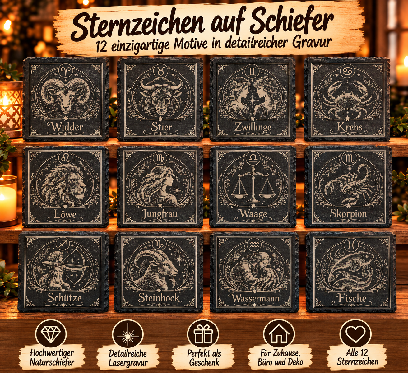 Sternzeichen auf Naturschiefer – alle 12 Motive